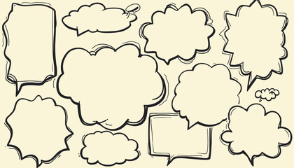 A collection of hand-drawn speech bubbles, various shapes and sizes, ready for text.