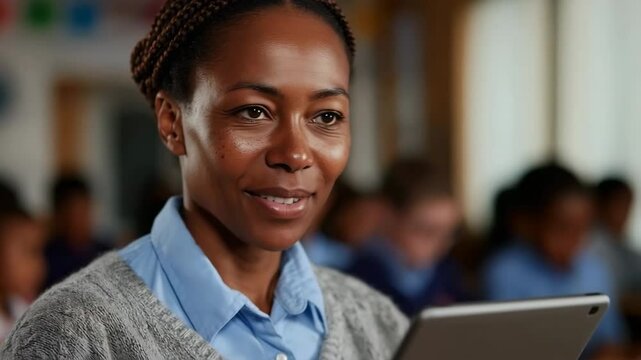 Engaging classroom session with teacher utilizing tablet technology for interactive learning