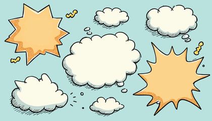 Fototapeta premium Cartoon illustration showcasing various speech bubbles and thought clouds against a blue background.