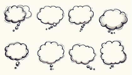 Collection of various hand-drawn comic book thought and speech bubbles.