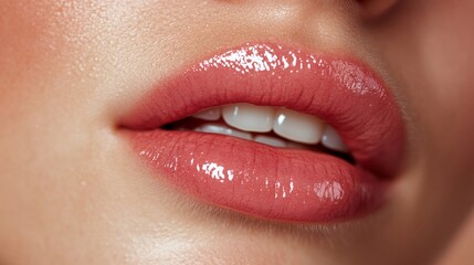 Close up of glossy pink lips showing white teeth and glowing skin