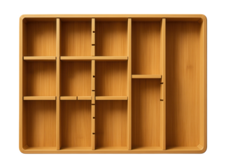 A modular drawer insert made of bamboo for customizing storage space for flatware and kitchen gadgets.