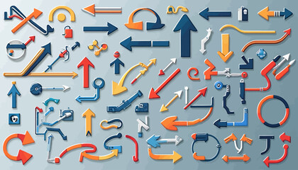 A diverse collection of colorful arrows pointing in various directions, styles, and shapes.