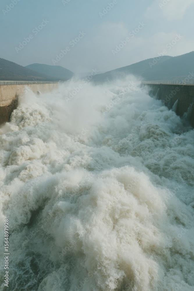 Aufkleber powerful flood barrier dam gates releasing turbulent water flow over concrete structure for modern i