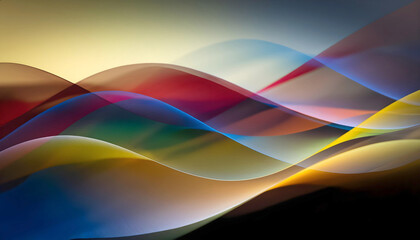 An abstract composition of flowing, translucent waves in vivid red, blue, and yellow hues, creating a mesmerizing and dynamic background