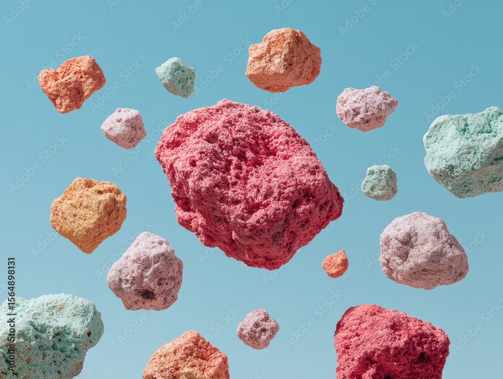 Poster Colorful Floating Asteroid Debris Cluster with Detailed Texture on Blue Sky Background for Cosmic Evolution and Dynamic Transformation Concept
