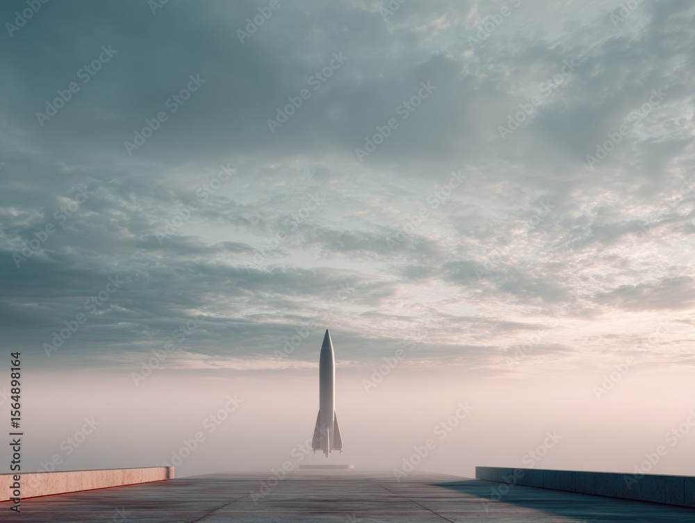 Aufkleber futuristic space rocket on concrete launch pad at dawn with dramatic cloudscape for aerospace market