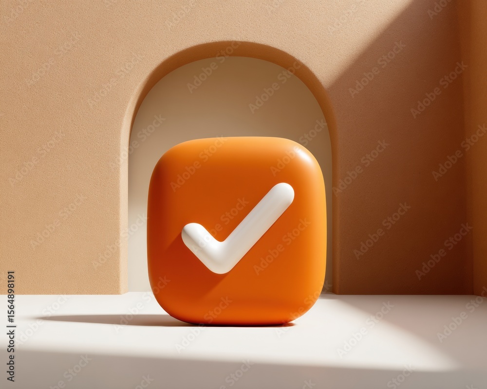Poster Bold orange vote button with white check mark in minimalist archway setting, symbolizing approval and digital confirmation for modern voting systems