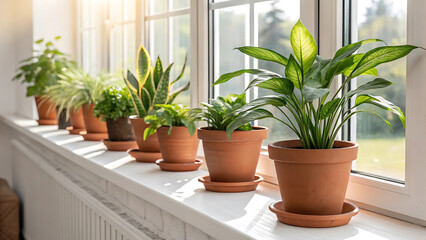 Indoor Oasis A Collection of Potted Plants Gracing a Sunny Windowsill with Lush Greenery and Natural Light