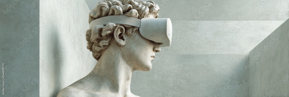 Poster Classical Sculpture of David Wearing Virtual Reality Headset in Minimalist Setting Symbolizing Fusion of Art and Digital Innovation for Marketing