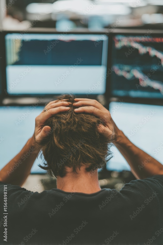 Poster Stressed Stock Trader at Chaotic Trading Desk with Multiple Monitors Showing Market Crash Financial Crisis Awareness and Uncertainty in Modern Finance