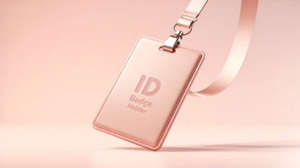 A minimalist product photograph of a light pink rectangular ID badge holder against a soft pink background