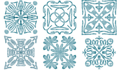 six tiles with blue watercolor patterns	