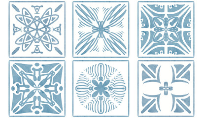 six tiles with blue watercolor patterns	
