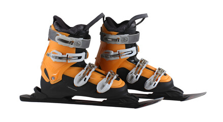 Orange ski boots with black accents isolated on white background
