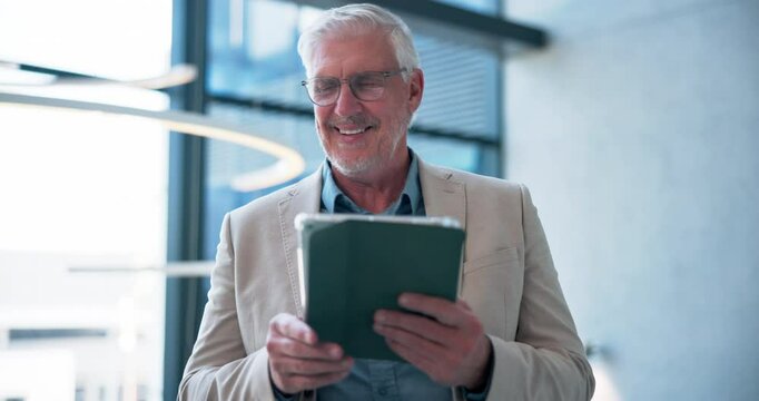 Business, mature man and tablet in lobby at hotel for research, venue planning and check schedule. Male coordinator, laugh and digital with booking details, ideas and information for event management