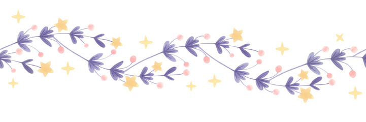 Watercolor seamless floral border with purple leaves, pink berries and yellow stars isolated on white. Horizontal botanical ornament for greeting cards, invitations, wrapping paper and scrapbooking.