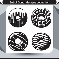 Monochrome Donut Designs Collection Featuring Four Distinct Donut Illustrations with Various Topping Styles and Abstract Decorations Depicted in Black and White