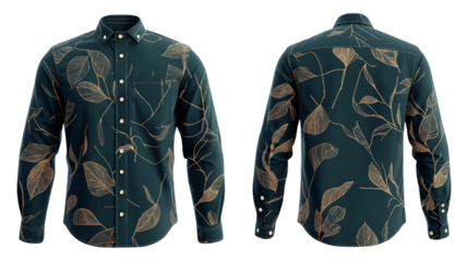 Elegant dark teal button down shirt with gold leaf pattern and white stitching