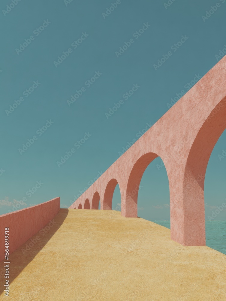 Aufkleber minimalist pastel aqueduct with archways under clear sky, modern architectural design showcasing cal