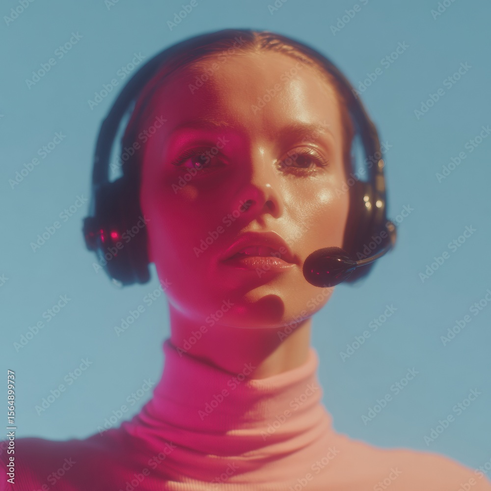 Poster Futuristic Corporate AI Call Center Agent with Headset in Neon Lighting, Digital Communication Interface for Automated Support and Efficient Customer Service