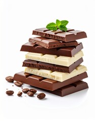 Stack of dark and white chocolate bars with coffee beans and mint leaves on white background