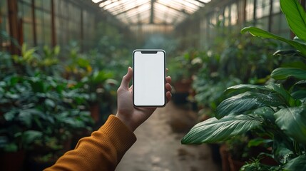 Gardener holding smartphone with blank screen in greenhouse