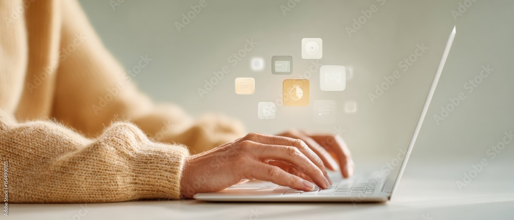 Aufkleber Digital Workflow Optimization with Progress Tracker on Laptop Featuring Productivity Charts and Connected Icons for Efficient Task Management
