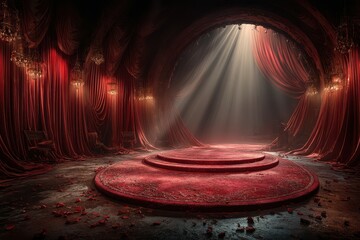 Elegant red stage with dramatic lighting and rich curtains during an evening performance setting