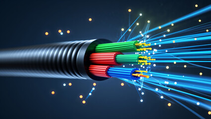 Fiber optic cable transmitting data with light beams and particles