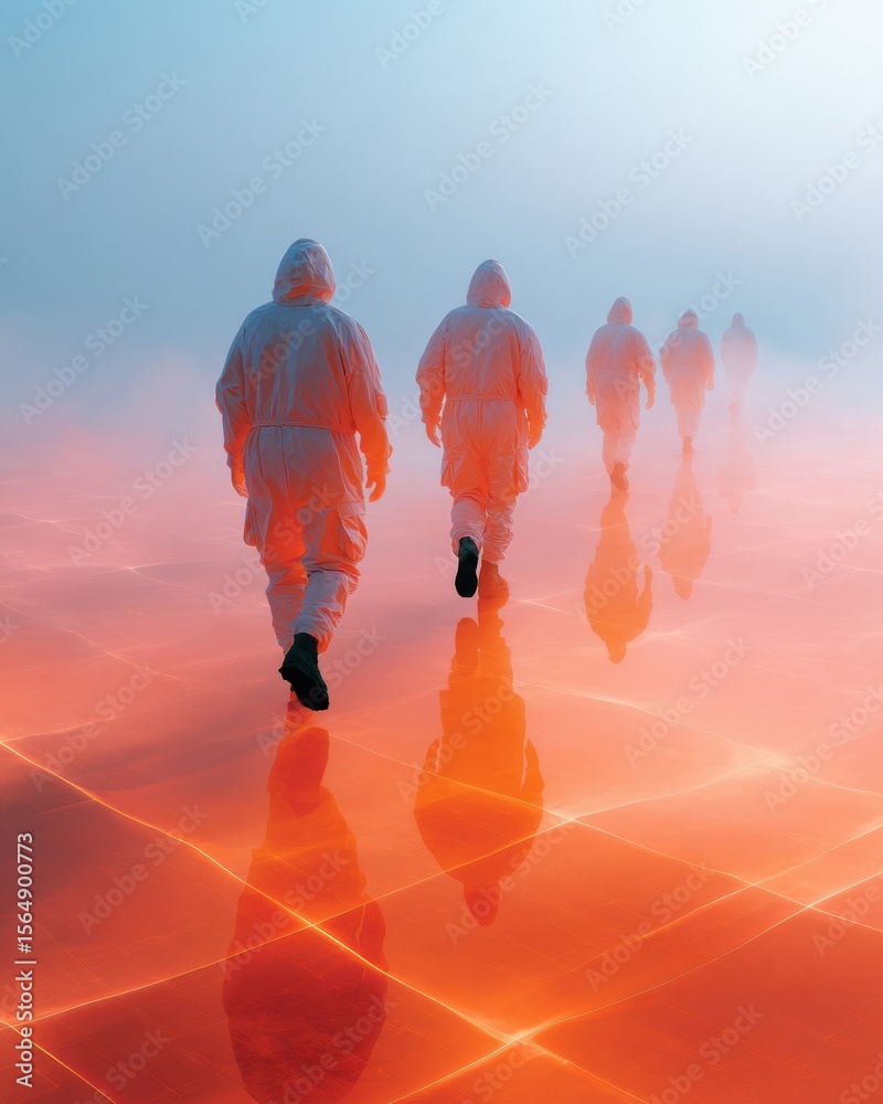 Aufkleber futuristic encrypted communication interface over soldiers on reflective terrain for advanced milita