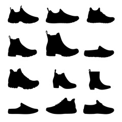 Silhouette of footwear collection with sandals, sneakers, and slides on white, fashion variety concept