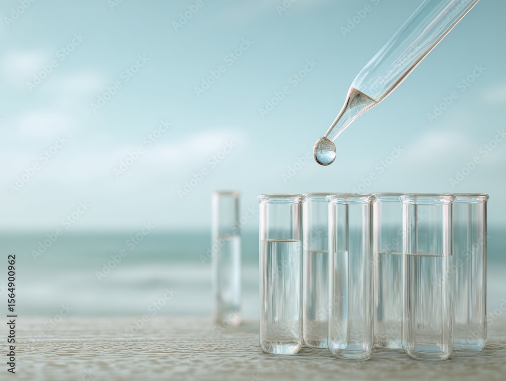 Poster transparent liquid drop from pipette into glass test tubes against soft ocean backdrop for innovativ