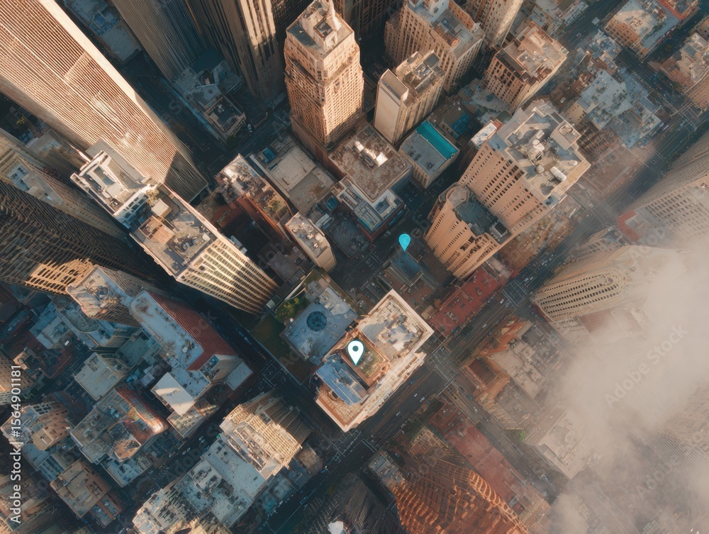 Poster Aerial View of Modern Cityscape with Digital Location Markers Highlighting Smart Urban Navigation and Real-Time Data for Tech and Business Innovation