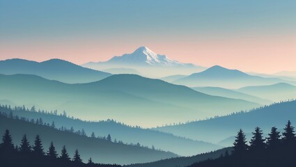 Serene mountain range with snow capped peak at sunrise with soft pastel sky and misty valleys