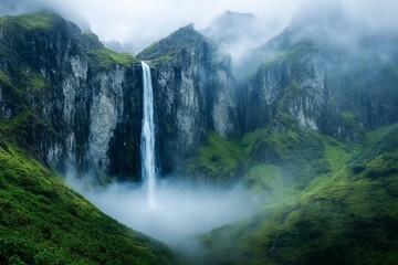 Mystical waterfall cascading down steep cliffs surrounded by lush green mountains and misty fog in a dreamy atmosphere