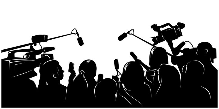 Crowd of Journalists Silhouette. Reporters are interviewing. Vector clipart isolated on white.