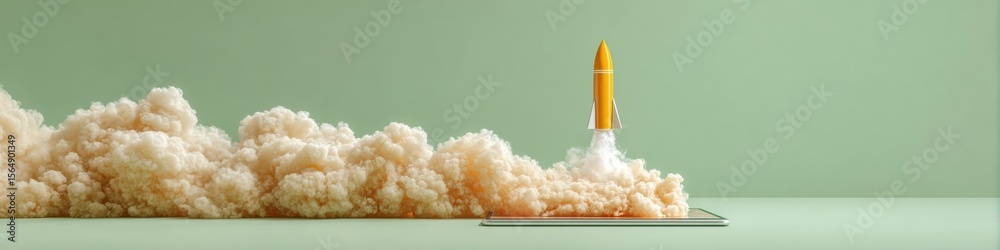 Poster Tech-Inspired Rocket Launch from Tablet Screen with Vapor Cloud on Sleek Surface Digital Expansion and Breakthrough Business Innovation Concept
