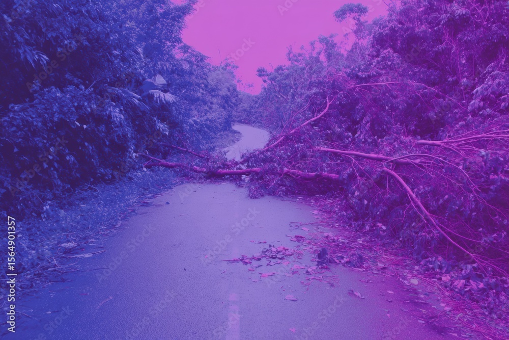 Poster hurricane damage with fallen tree blocking narrow road in dense forest representing natural disaster