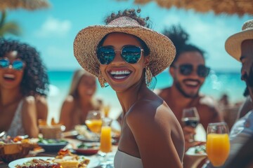 Beautiful family having a lively party at the beach, playing games, eating, and enjoying the sun together in a festive environment, Generative AI