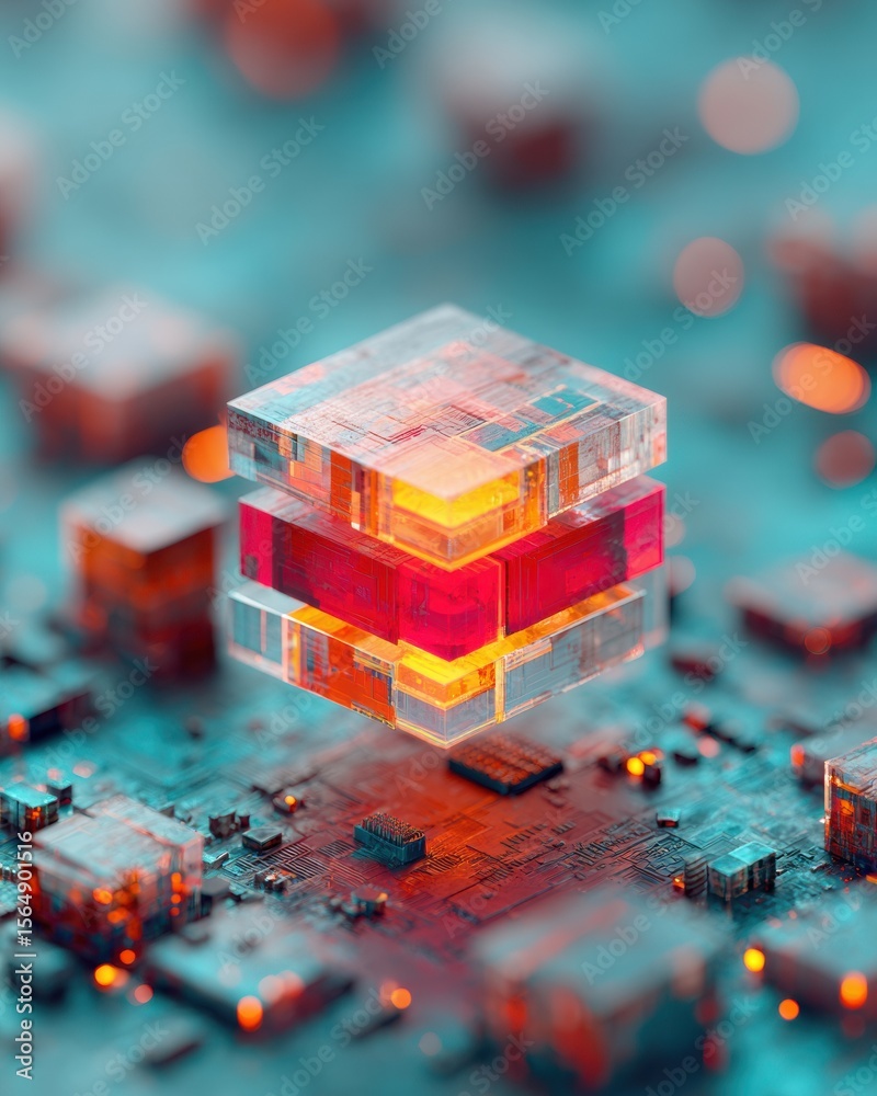 Fototapete Quantum Chip Architecture with Layered Transparent Modules Floating Above Motherboard for Advanced AI and Next-Generation Computing Systems