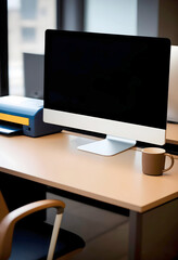 A modern home office setup features a large, sleek black-screen monitor on a wooden desk, accompanied by a printer and a coffee mug, perfect for remote work or creative tasks