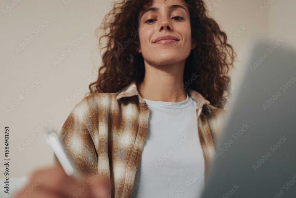 Poster modern digital checklist completion on laptop screen with young woman interacting, showcasing effici
