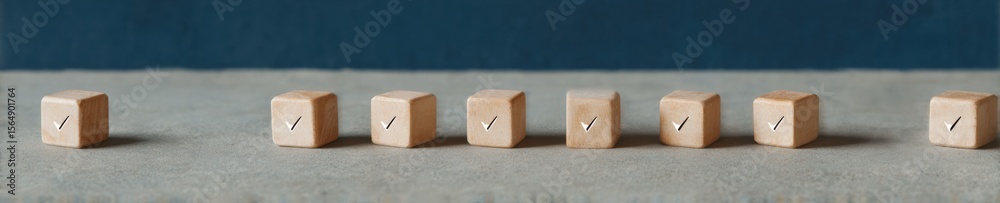 Poster Minimalist Wooden Cubes with Checkmarks for Efficient Task Management and Productivity in Modern Workplace Settings with Calm and Orderly Aesthetic