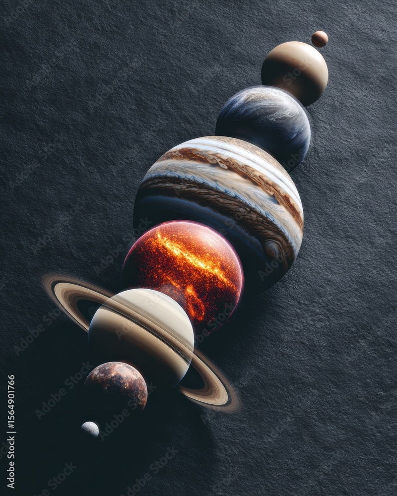 Poster Solar System Planets Aligned in Diagonal Line with Rings and Moons, Realistic Cosmic Structure for Science Education and Space Discovery Trends