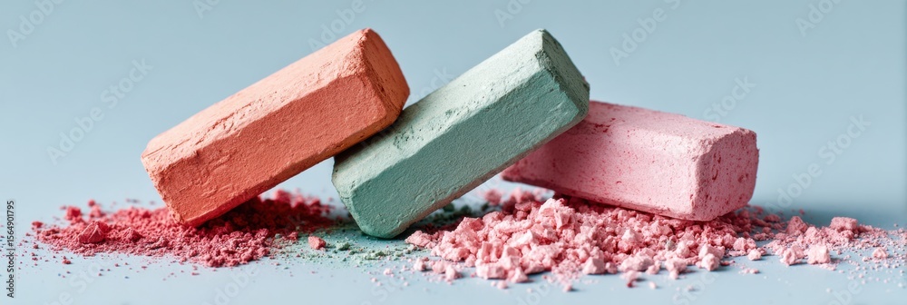 Poster Colorful Soft Chalk Pastels on Blue Surface with Dust for Art Creation and Educational Use - Trendy Creative Tools for Learning and Visual Expression