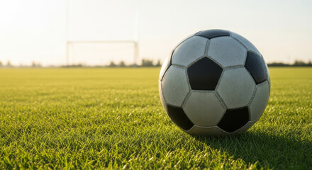 Classic black and white soccer ball resting on green grass field under sunlight with empty goal in background during early morning sports training session