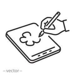 graphic tablet icon, drawing hand with pen, creation artwork concept, designer painting tools, thin line symbol on white background - editable stroke vector illustration eps10