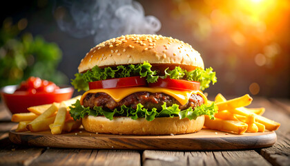 Juicy Beef Burger with Fresh Vegetables and Crispy French Fries