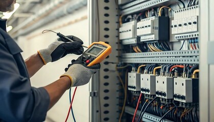 Electrician using a multimeter to test electrical panel wiring and circuit breakers